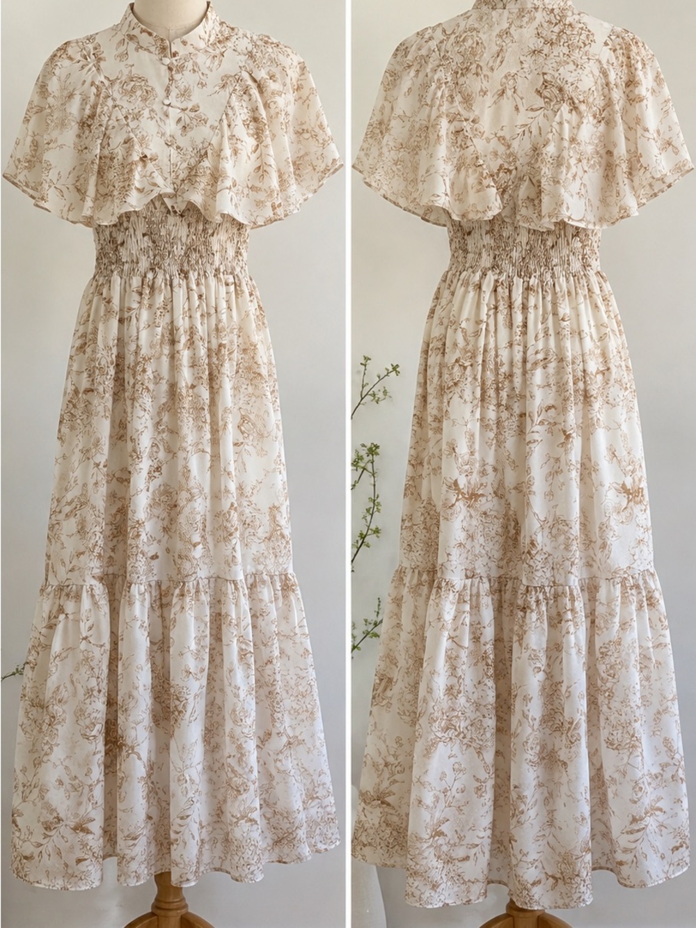 Ivory Floral Maxi Dress with Smocked Waist